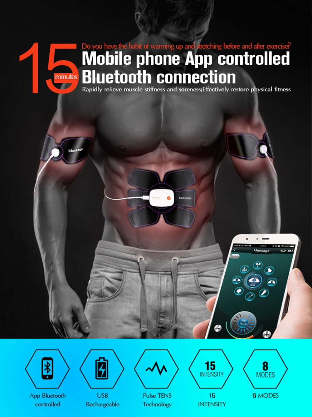 Rechargeable ABS muscle Stimulator Massager Electric For The Body Pulse Fitness Bluetooth Control Tens Muscle Relax Trainer - ultrsbeauty